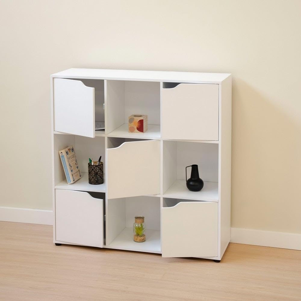 Estantería Cubo con 9 estantes y 5 puertas color blanco de 90x90x29 cm | Mueble de almacenaje compacto de tablero laminado de 12mm con puertas y huecos abiertos para dormitorio, salón o despacho
