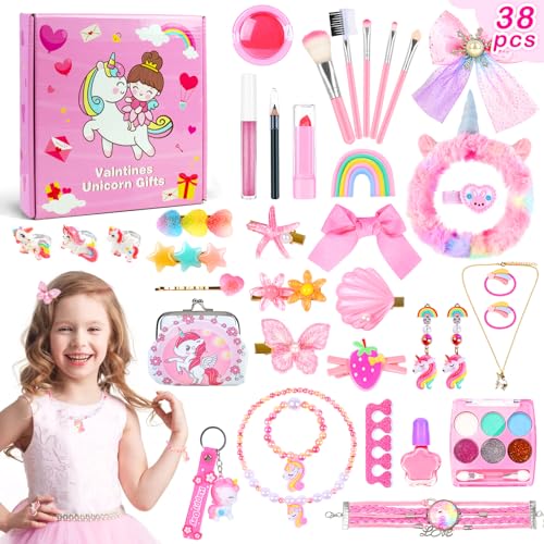 NPET Unicorn Makeup Kit for Girls - 38Pcs Washable Kids Play Makeup Set, Ages 3-12, Pink Unicorn Toy, for Girls