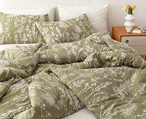 Janzaa 3 Pieces Queen Size Floral White Botanical Printed On Qlive Geen Duvet Cover Soft Bed Cover With Zipper Closure 4 Ties All Season Using(2 Pillow Cases) #TOP6