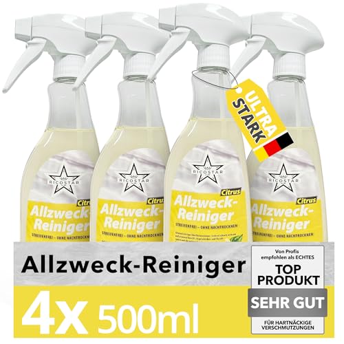 Ricostar Allzweckreiniger Citrus 4x500 ml – Universalreiniger für streifenfreien Glanz & hygienische Sauberkeit – Reinigungsspray für die Oberflächenreinigung – Effektiv gegen Verschmutzungen