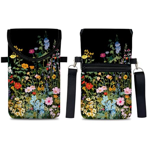 Image of Neoprene Cell Phone Sleeve Pouch Case Bag with Crossbody Strap Neck Lanyard for Women 7.5 X 4.3 in Flowers Plants