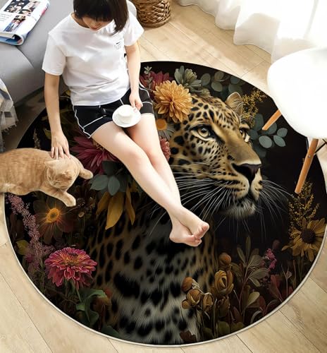 Tapis rond léopard gris foncé grand format lavable pour salon