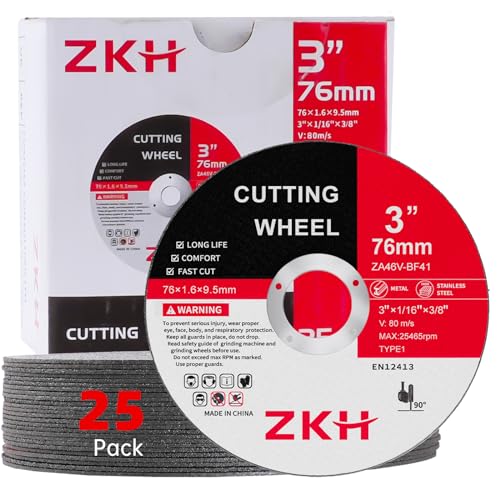 ZKH 3 Inch Cut Off Wheels, 25 Pack Thin Metal & Stainless Steel/INOX Cutting Wheel, Strong & Durable Metal Cutting Disc for Angle Grinder, 3' x 1/16' x 3/8'