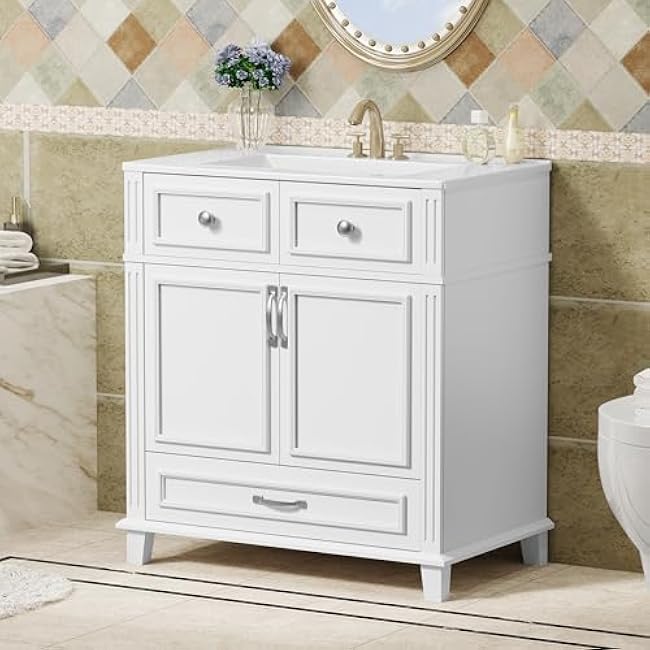 Bathroom Vanity Set, 36 Bathroom Vanity with Resin Sink Combo, Solid Wood Frame Bathroom Storage Cabinet with 5 Drawers & Soft Closing Doors, MDF Boards, Gold Metal Knobs