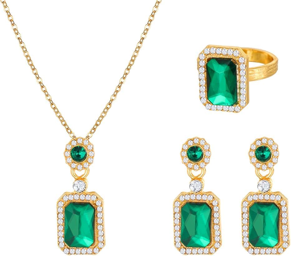 FDEETY Rechteck Smaragd Schmuckset Ohrringe Ring Halskette Kristall Zirkonia Strass Damenset Goldfarben Juwelenkollektion