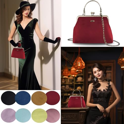Abuyall Clutch Purses for Women Vintage Burgundy Purse Canvas Kiss Lock Evening Bag Chain Shoulder Bag Burgundy-velvet — view 2