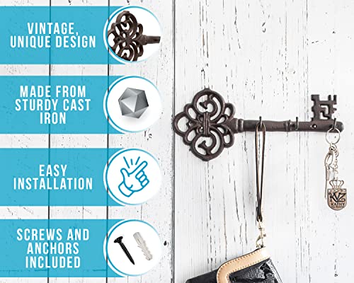 Comfify Decorative Wall Mounted Cast Iron Key Holder Rack- Vintage Key Shape Rack With 3 Hooks - Wall Mounted - Rustic Cast Iron Hanger- 10.8 X 4.7- With Screws And Anchors Rust Brown Color #TOP5