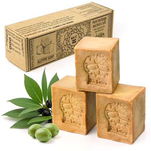 MUT22 3 Jabón de Alepo 95% Oliva y 5% Laurel - Para Piel Sensible y Seca - Limpieza Suave y Nutritiva con Ingredientes Naturales y Artesanales