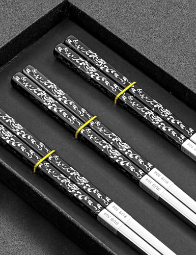 Image of Metal Chopsticks Reusable, Non-Slip Chop Sticks Reusable Dishwasher Safe, Titanium Plated Stainless Steel Chopsticks+Floral Black 3 Pairs