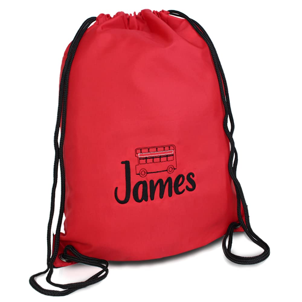 TeddyT's Personalised London Bus Design School Sports PE Drawstring Gym & Swimming Bag (Red)