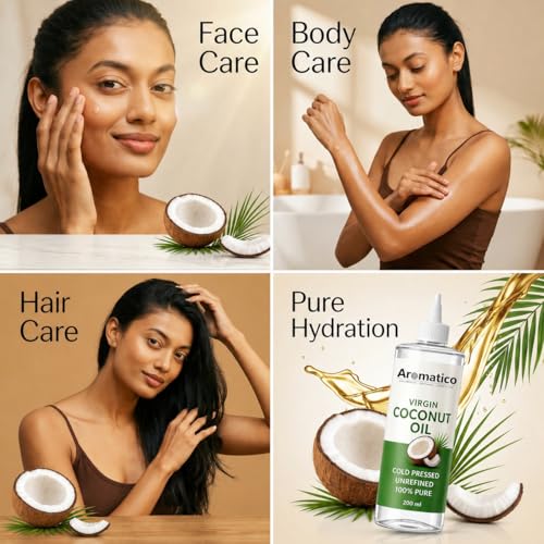 Image of AROMATICO 100% Pure Virgin Coconut Oil Cold Pressed for Healthy Hair & Skin, Natural solution for Moisturised Skin, Hair Care & Body - 200ml