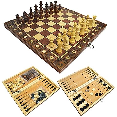 MoneRffi 3 in 1 Magnetic Wooden Chess Set Large Size Board Game Folding Checkers Travel Chess Set and Draughts for Adult, Kids 15.4 * 15.4 in (39 * 39cm) Cover