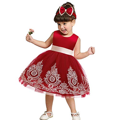 Image of CMMCHAAH 0-6T Baby Girls Pageant Lace Embroidery Dresses Toddler Party Bowknot Tutu Gown Dress with Headwear