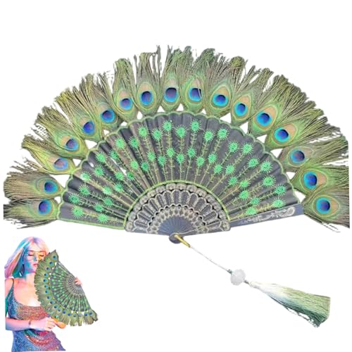 Gcroet Exquisitely Crafted Peacock Feathers Hand Fan - Foldable Art Deco Design with Marabou Feathers for Elegant Lady Vintage Party Halloween Costume & Home Decor Green.