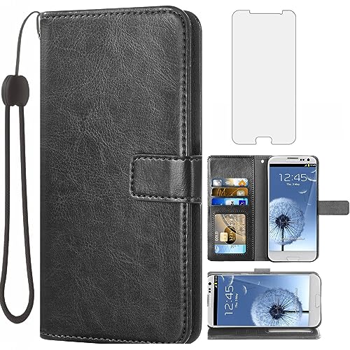 Asuwish Compatible with Samsung Galaxy S3 Wallet Case Tempered Glass Screen Protector and Leather Flip Cover Card Holder Stand Cell Accessories Phone Cases for galaxy3 S III I9300 GS3 Women Men Black