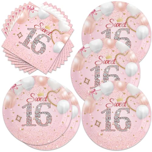 40Pack Sweet 16 Rose Gold Birthday Party Supplies, Include 20 Plates and 20 Napkins,Birthday Tableware Decorations for Girls
