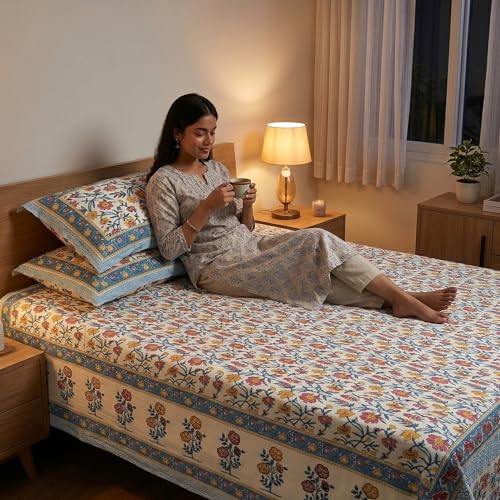 Image of Mafatlal 144 TC Heritage 100% Cotton Bedsheet for Double Bed & Queen Size Bed with 2 Pillow Covers(90x108 inches), Jaipuri Rajasthani Design, Extra Soft & Wrinkle Free| Vivid Multicolor
