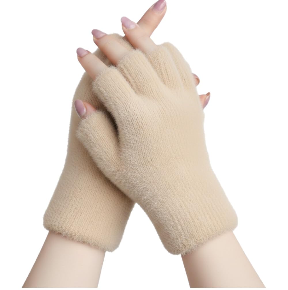 Winter Gloves for Women|Girls Woolen Warm Soft Fur Fleece & Gloves for Women & Girls Knitted Acrylic Wool Finger Cut (Beige)-image-27