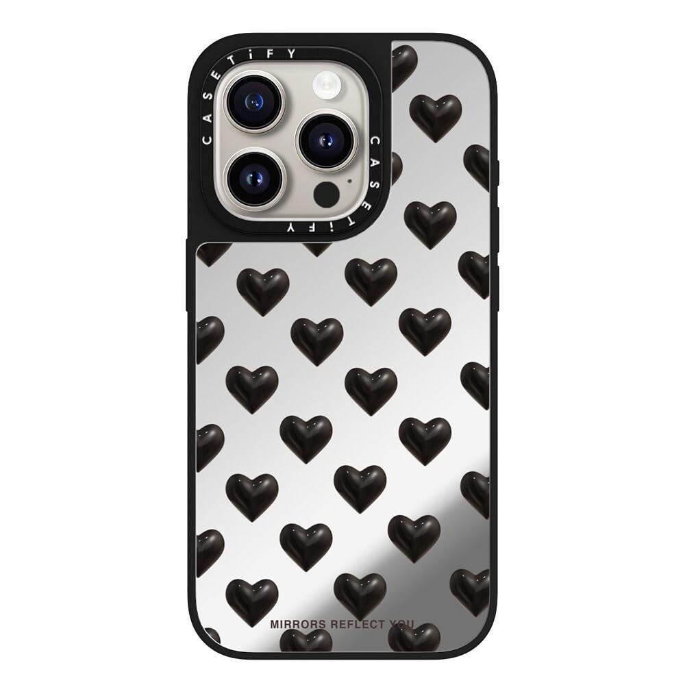 CASETiFY Magsafe 対応ミラー iPhone 15 Pro ケース [反射性 / 1.5mからの落下試験をクリア / Magsafe に対応] - black hearts - シルバー (ブラックバンパー)