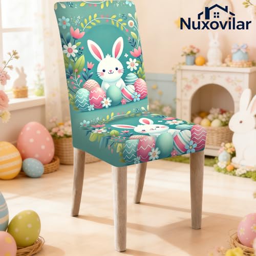 Image of Nuxovilar 4PCS Pastel Bunny Print Milk Silk Soft Chair Slipcovers | Stretch Slipcover Gentle Protector Bunny Wrap Seat Guard Dining Room Family Kitchen Kids Playroom (Pastel Bunny)