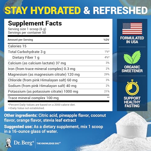 Image of Dr. Berg Zero Sugar Hydration Keto Electrolyte Powder - Enhanced w / 1000 mg of Potassium & Real Pink Himalayan Salt (NOT Table Salt) - Tropical Coconut, Pineapple & Orange Drink Supplement 50 Servings