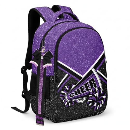 HJKLONE Cheer Backpack with Ribbon Keychain Glitter Cheerleading Backpack for Women Cheerleader Gifts (Purple)