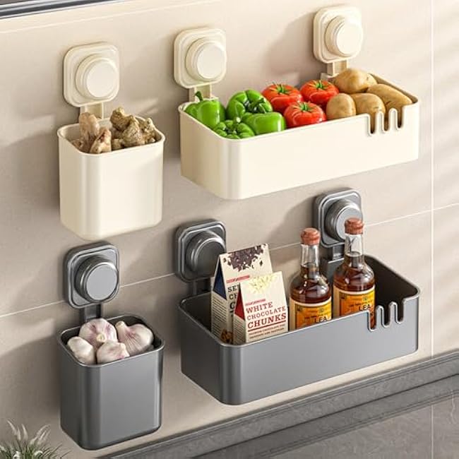Stronghold Suction Sinkware Organizer for kitchen Wall-Mounted & Open Design with Hollow Bottom (Beige Small 4Pcs)