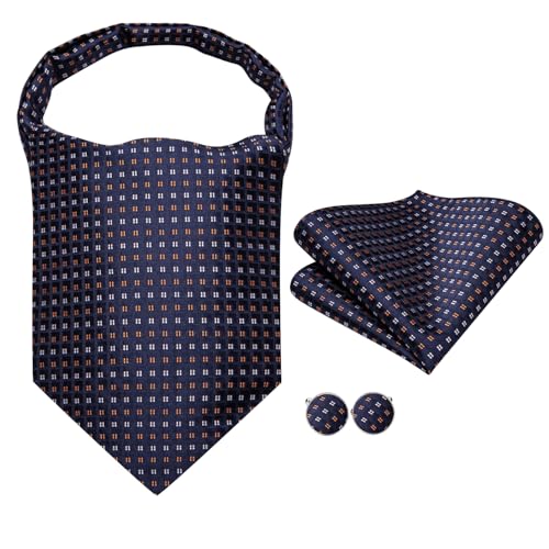 Image of Hi-Tie Silk Ascot for Men Self Tie Men's Cravat and Flower Lapel Pin Handkerchief Cufflinks Set for Wedding Party
