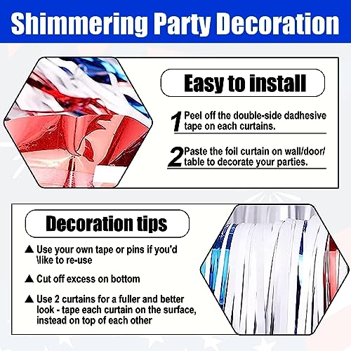 Image of 6 Pack White Blue Red Foil Fringe Curtain Backdrop, 3.28Ft x 8.2Ft Metallic Tinsel Foil Fringe Streamer Curtains for Photo Booth, Christmas Day, Thanksgiving, Wedding, New Year Party Decorations