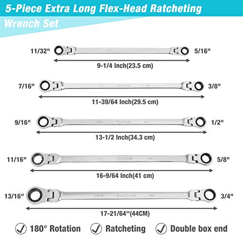 Image of DURATECH Extra Long Flex-Head Ratcheting Wrench Set, 5-Piece, SAE