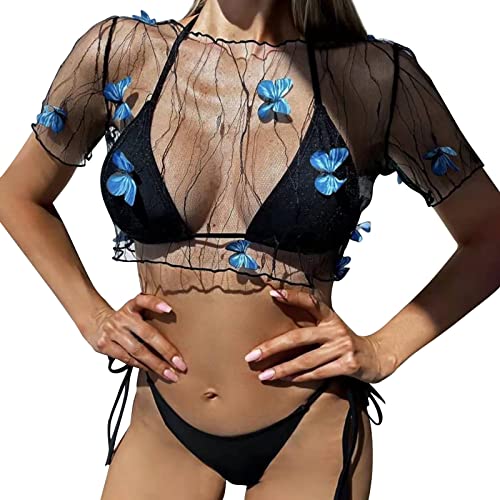 Conjunto de traje de baño de mujer de 3 piezas con bikini triángulo atado cuello y cubierta de malla transparente blusa estilo mariposa conjunto traje de baño mujer sexy y completo, Le Noir, L