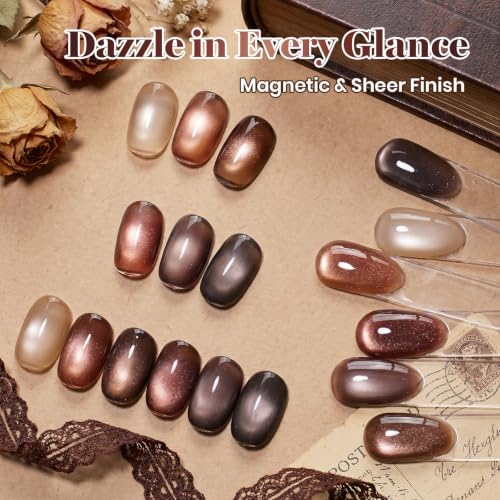 Image of Beetles Brown Cat Eye Gel Nail Polish Set - Gilded Amber 6 Colors 15ML Full Size Glitter Gel Polish Kit Glass Cat Eye Magnetic Effect Soak Off UV Nail Art Salon DIY at Home Fall Winter Nails