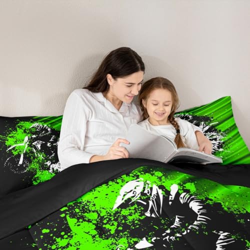 Image of Feelyou Kids Dirt Bike Comforter Set Full Size, Green Black Ombre Bedding Set Extreme Sports Duvet Insert Boys Girls Teens Bedroom Decor 3Pcs