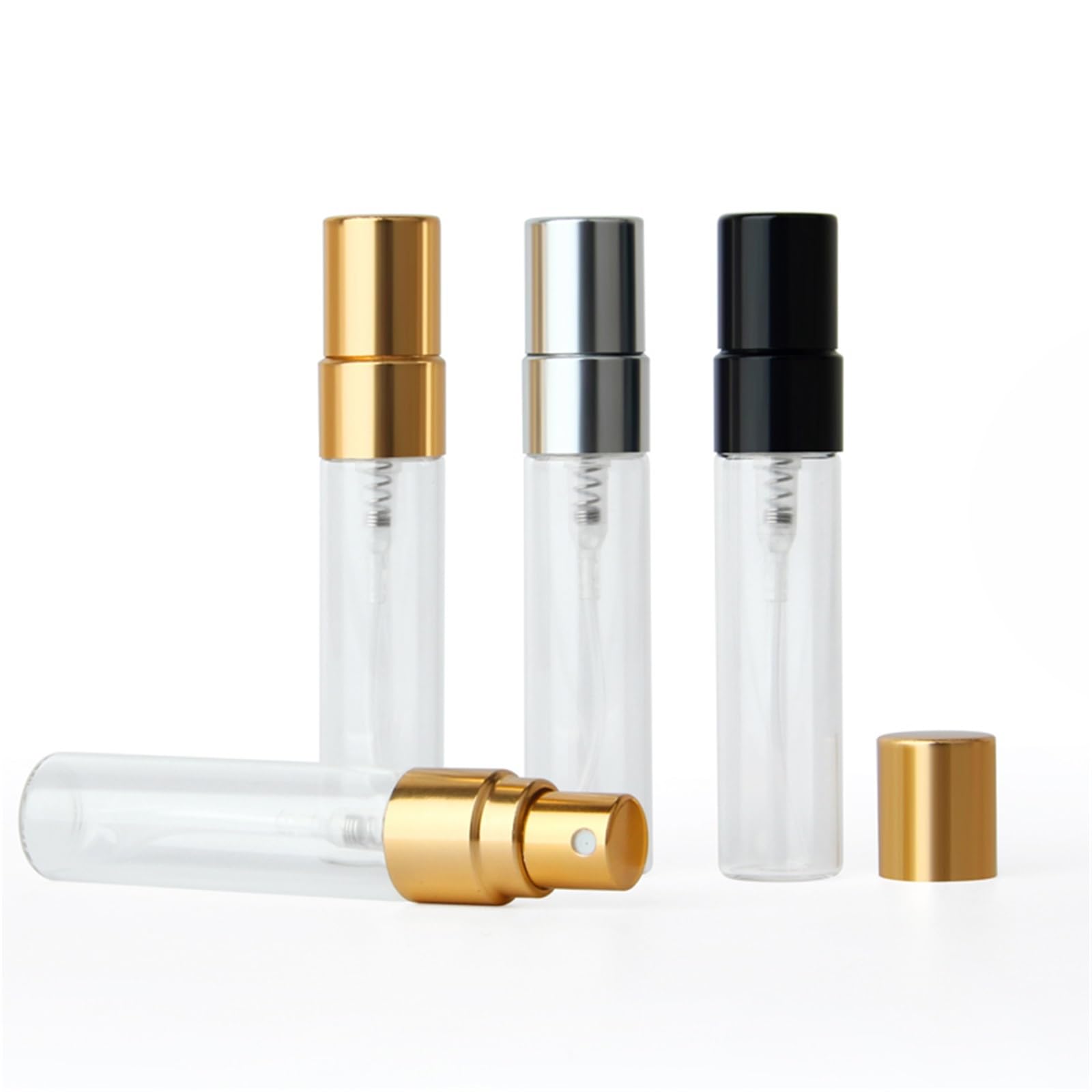 100 botellas de perfume recargables de 2 ml/3 ml/5 ml/10 ml, botellas de perfume vacías con atomizador (color mezclado, vidrio transparente, 5 ml)