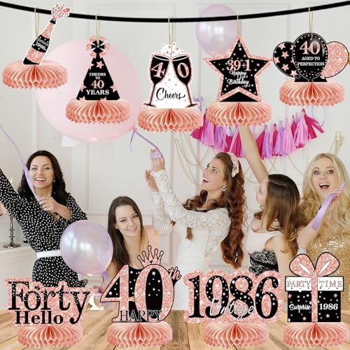 Image of 9Pcs 40th Birthday Decorations Honeycomb Centerpieces for Women, Rose Gold Pink Happy 40th Birthday Centerpieces Tables Toppers Party Decorations Supplies, Vintage 1986 Aged Table Sign Decor