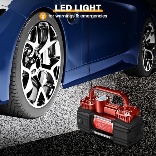 GSPSCN 6X Faster Inflation Portable Digital Car Tire Inflator with Gauge 150Psi Auto Shut-Off, Heavy Duty Double Cylinders 12V Air Compressor Pump with LED Light for Auto,Truck,Car,Bicycles,RV,SUV