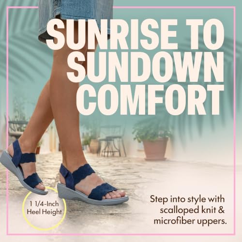 Image of Skechers Women's Arya - on the Rise | Luxe Foam Cushioned Footbed, Scalloped Knit Upper, Machine Washable, Vegan, Adjustable Backstrap, Low 1.25 inch Wedge