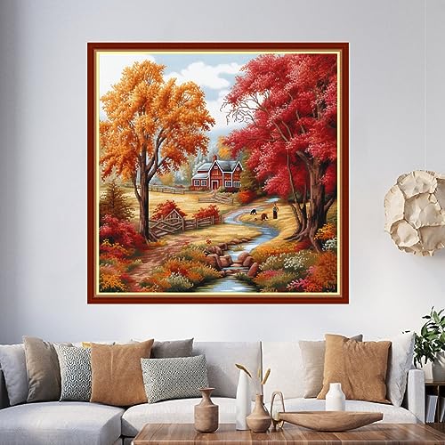 Image of Foxhool Beginners Cross Stitch Kits Stamped Full Range of Embroidery Kits for Adults DIY Cross Stitches kit Embroidery Patterns for Needlepoint kit-Autumnal Scenery 17.7x17.7 inch