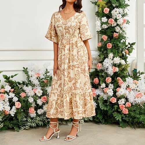 Image of Women's Summer Short Sleeve Maxi Floral Flowy Dresses with Pockets