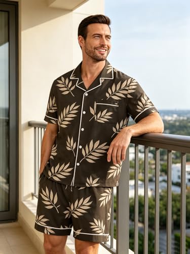 Image of Mens Pajamas Set Short Sleeve Sleepwear Summer Pjs Button Down Pijamas Set Modal 2PCS Pj Set with Pockets, Grey Leave-M