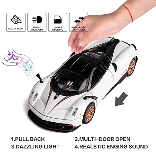 Image of DEUSON ECOM 124 Scale Huayra Die Cast Metal Toy Car for Kids Metal Diecast Car Toy Pullback Sound and Light Openable Door, Blue