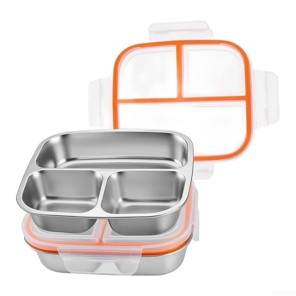 Contenitore per snack a 3 scomparti, in acciaio inox, per scuola, ufficio