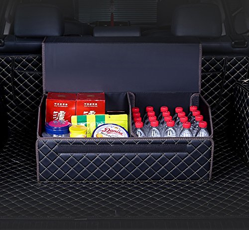 Worth-Mats Car Trunk Organizer Foldable Storage Organizer PU Leather Diamond Cargo Storage Containers for Car, Truck, SUV, Vans (21.6 * 11.8 * 12.6 INCH, Black with gold stitching)