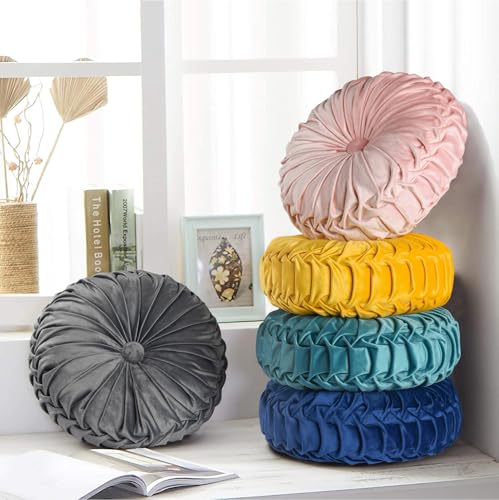 Image of HIG Set of 2 Decorative Round Pleated Throw Pillows, Classy Accent Pumpkin Throw Pillows with Center Button, Vintage Velvet Floor Pillows for Sofa Couch Vanity Chair Bed, Pink, 14.5 inch Diameter(Ripple)