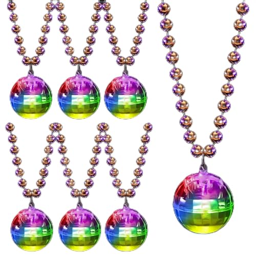 6 Pcs LED Disco Ball Necklaces Light up Party Necklaces 70s Disco Party Decorations Disco Accessories Women Disco Ball Costume Disco Party Favors for Women Dance Supply (Silver, Colorful Light)