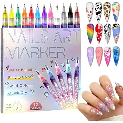12 Colors Nail Art Pens, 3D Nails Polish Pens for Graffiti Dotting Drawing Painting Point Liner DIY, Quick-Drying DIY Acrylic Colour Nails Pen Polish Cover