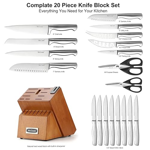 Image of McCook Kitchen Knife Sets,German Stainless Steel Knives Block Set with Built-in Sharpener, 20 Piece Chef Knife and More, Razor Sharp, Restaurant Grade, Anti-Rust, Elegant Box for Gift