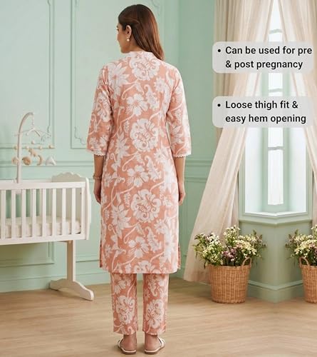 Image of DUMMY SHAPE Maternity Dresses for Women Cotton | Floral Kurta Pant Dupatta Set with Nursing Zippers, Side Pocket | Pre & Post Pregnancy | Feeding Kurti Suit | Baby Shower | Gifts for Pregnant Woman