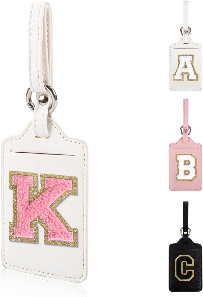 Personalized Initial Luggage Tags for Suitcases, Leather Chenille Letter Cute Luggage Tags with Privacy Name Card, Embroidered Travel Bag Backpack Tag Gifts for Women Kids Girls Teens(White-K)