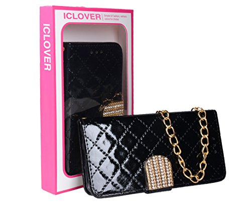 ICLOVER PU Leather Bling Card Slot Wallet Case with Magnetic Clasp and Chain Strap for iPhone 6 / 6S - Black